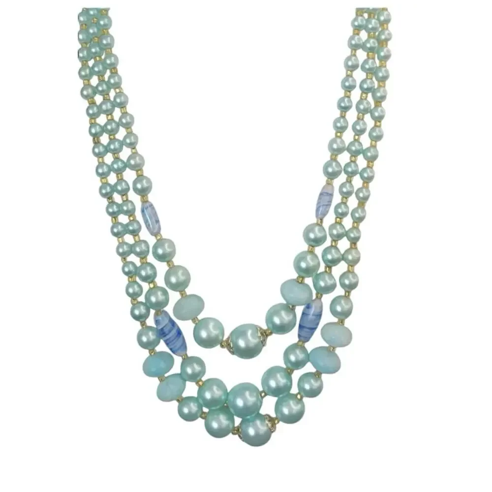 Japan Triple Strand‎ Teal Blue Beaded Necklace Graduated Beads Hook Closure